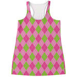 Green And Pink Argyle Pattern Print Women's Racerback Tank Top