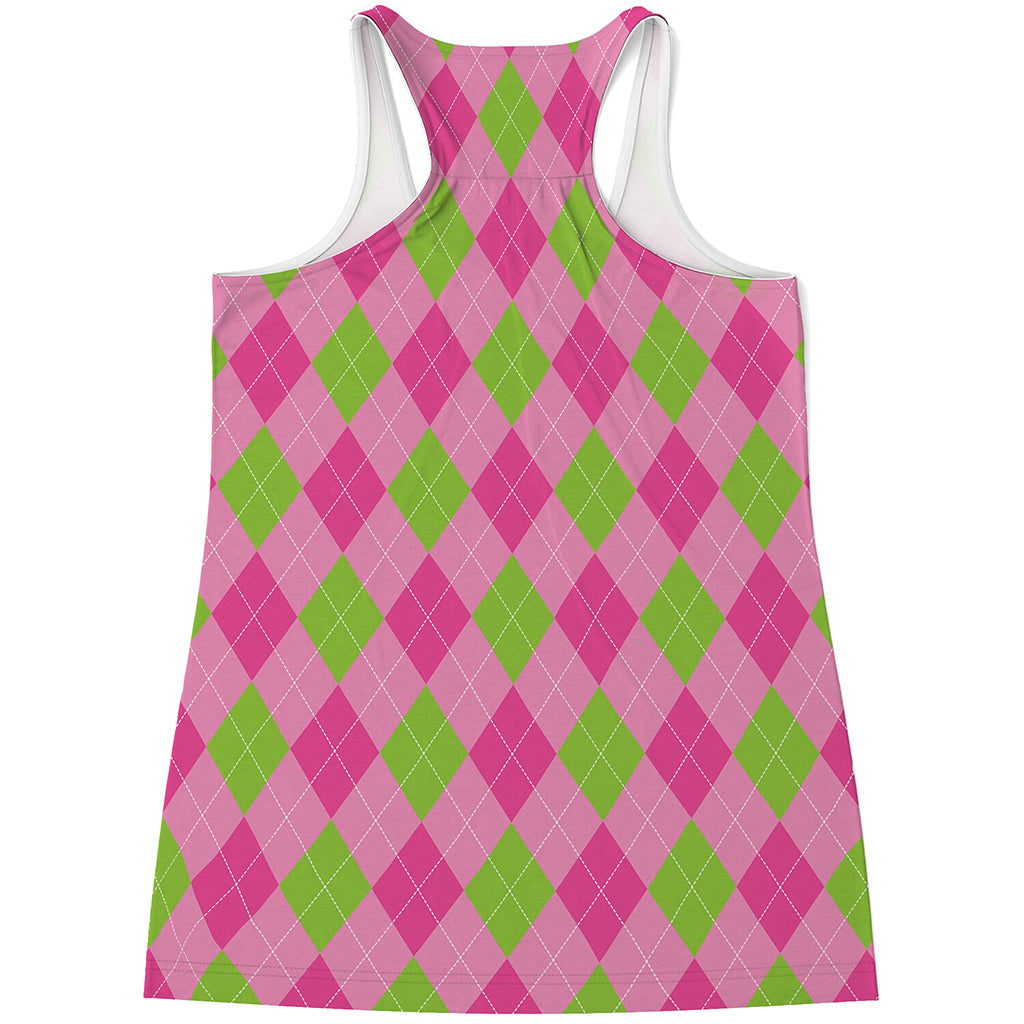 Green And Pink Argyle Pattern Print Women's Racerback Tank Top