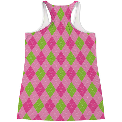 Green And Pink Argyle Pattern Print Women's Racerback Tank Top