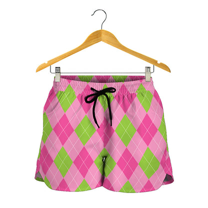 Green And Pink Argyle Pattern Print Women's Shorts