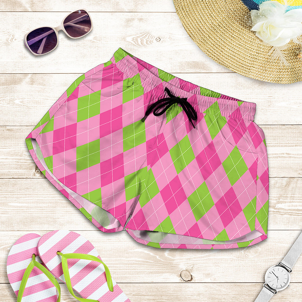 Green And Pink Argyle Pattern Print Women's Shorts