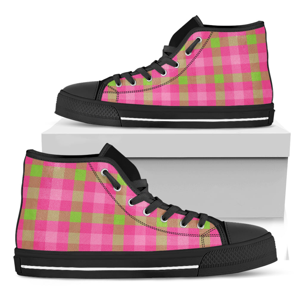 Green And Pink Buffalo Plaid Print Black High Top Shoes