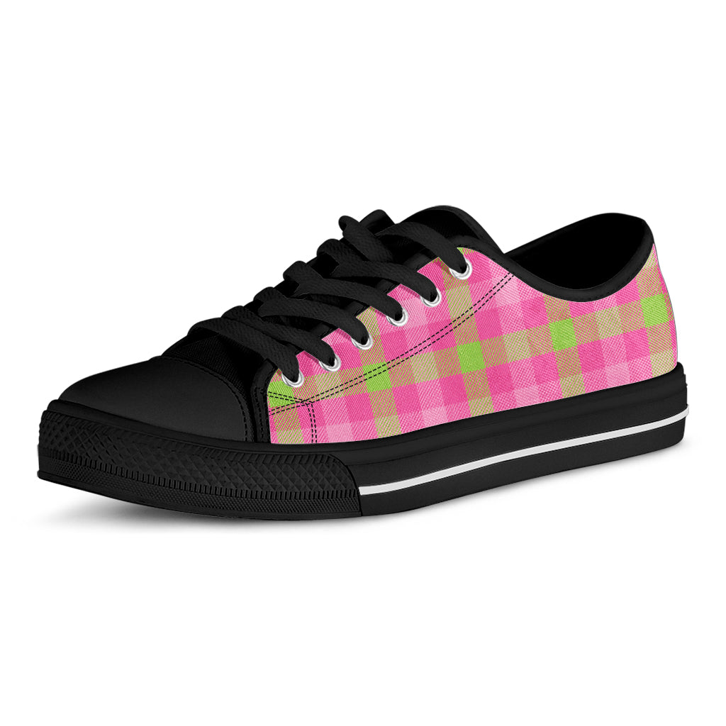 Green And Pink Buffalo Plaid Print Black Low Top Shoes