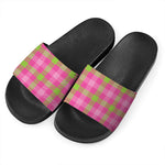 Green And Pink Buffalo Plaid Print Black Slide Sandals