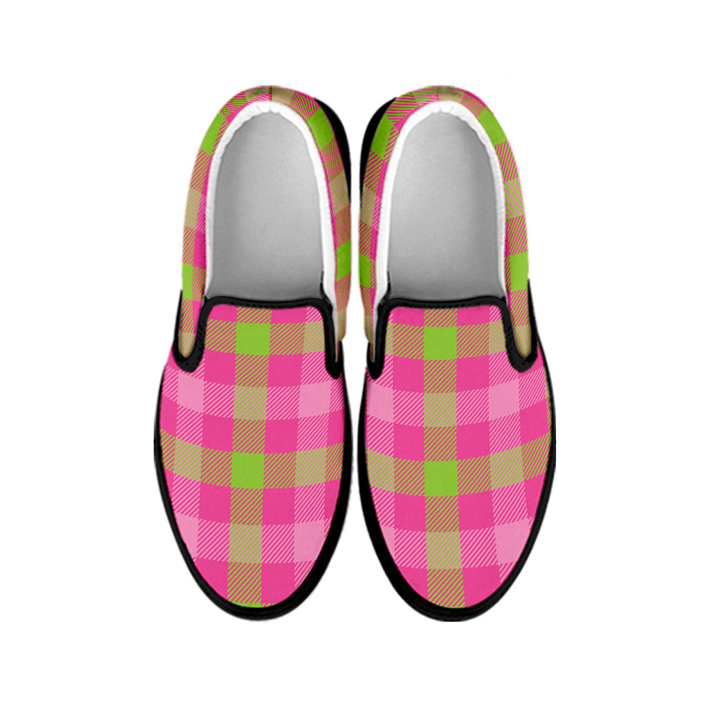Green And Pink Buffalo Plaid Print Black Slip On Shoes