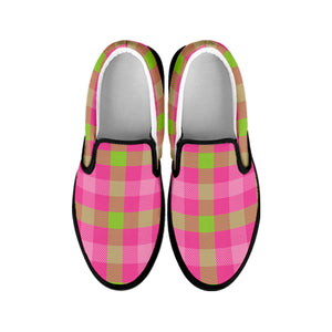 Green And Pink Buffalo Plaid Print Black Slip On Shoes