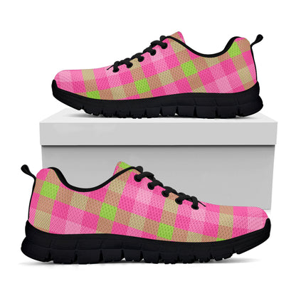 Green And Pink Buffalo Plaid Print Black Sneakers