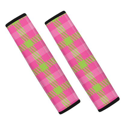 Green And Pink Buffalo Plaid Print Car Seat Belt Covers