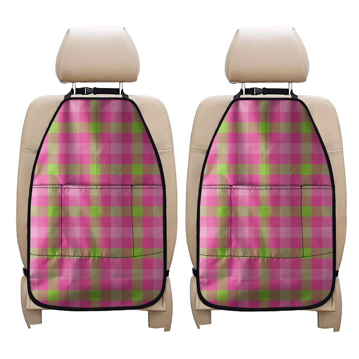 Green And Pink Buffalo Plaid Print Car Seat Organizers