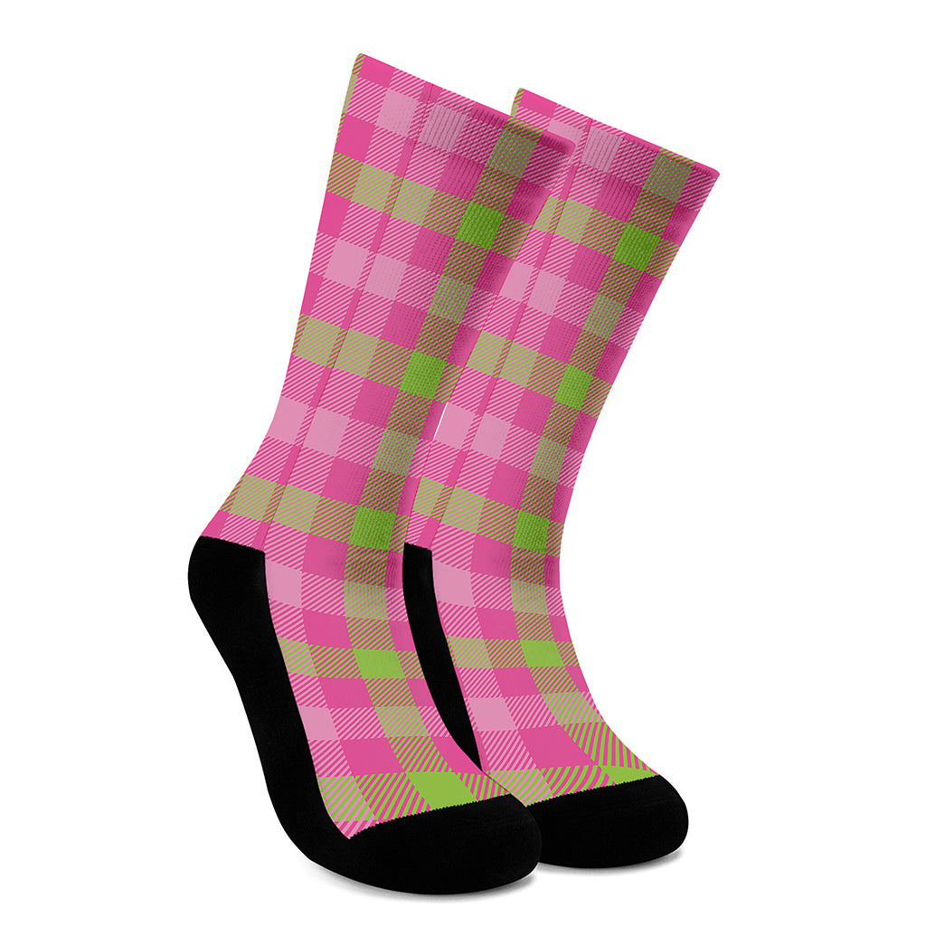 Green And Pink Buffalo Plaid Print Crew Socks