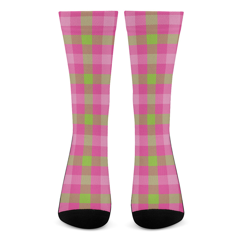 Green And Pink Buffalo Plaid Print Crew Socks