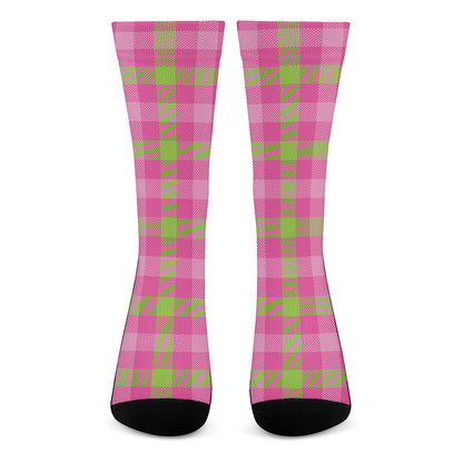 Green And Pink Buffalo Plaid Print Crew Socks