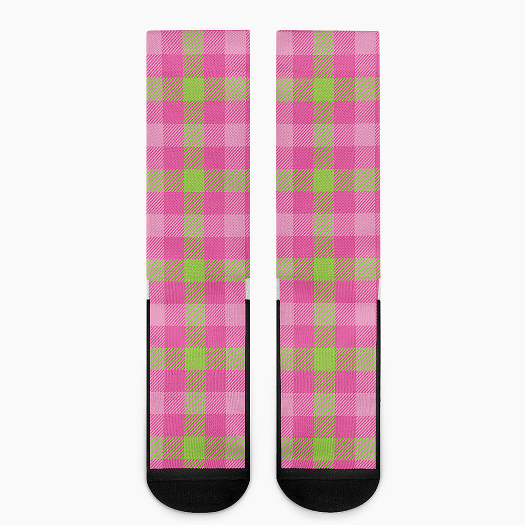 Green And Pink Buffalo Plaid Print Crew Socks