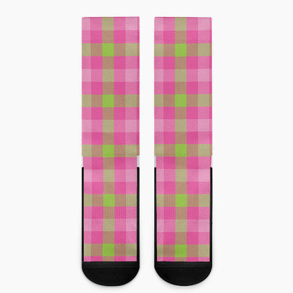 Green And Pink Buffalo Plaid Print Crew Socks