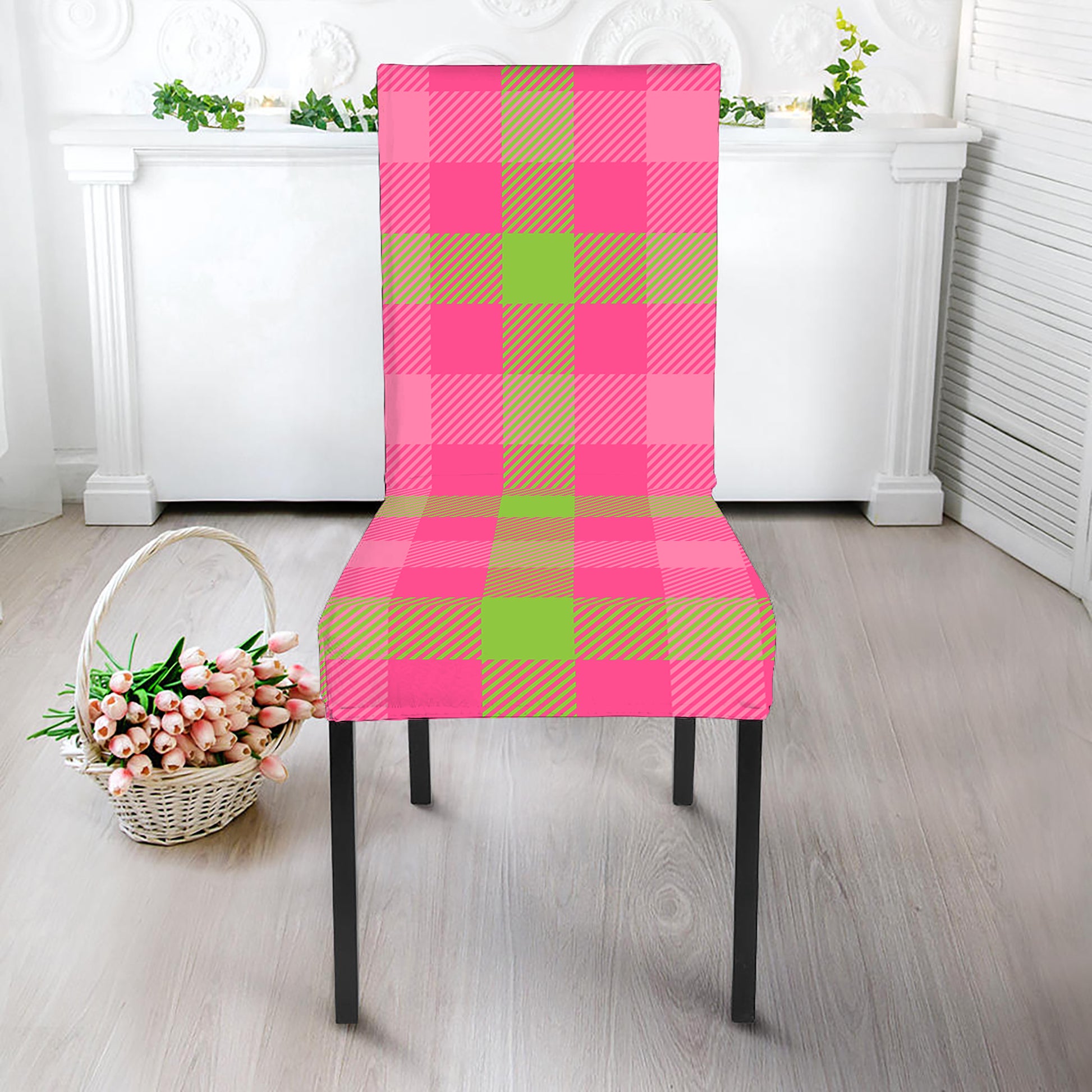 Green And Pink Buffalo Plaid Print Dining Chair Slipcover