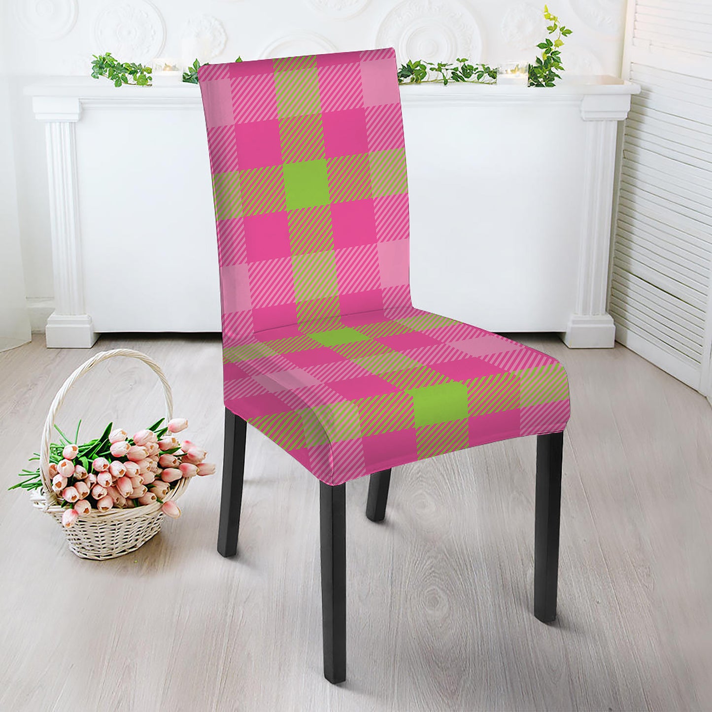 Green And Pink Buffalo Plaid Print Dining Chair Slipcover