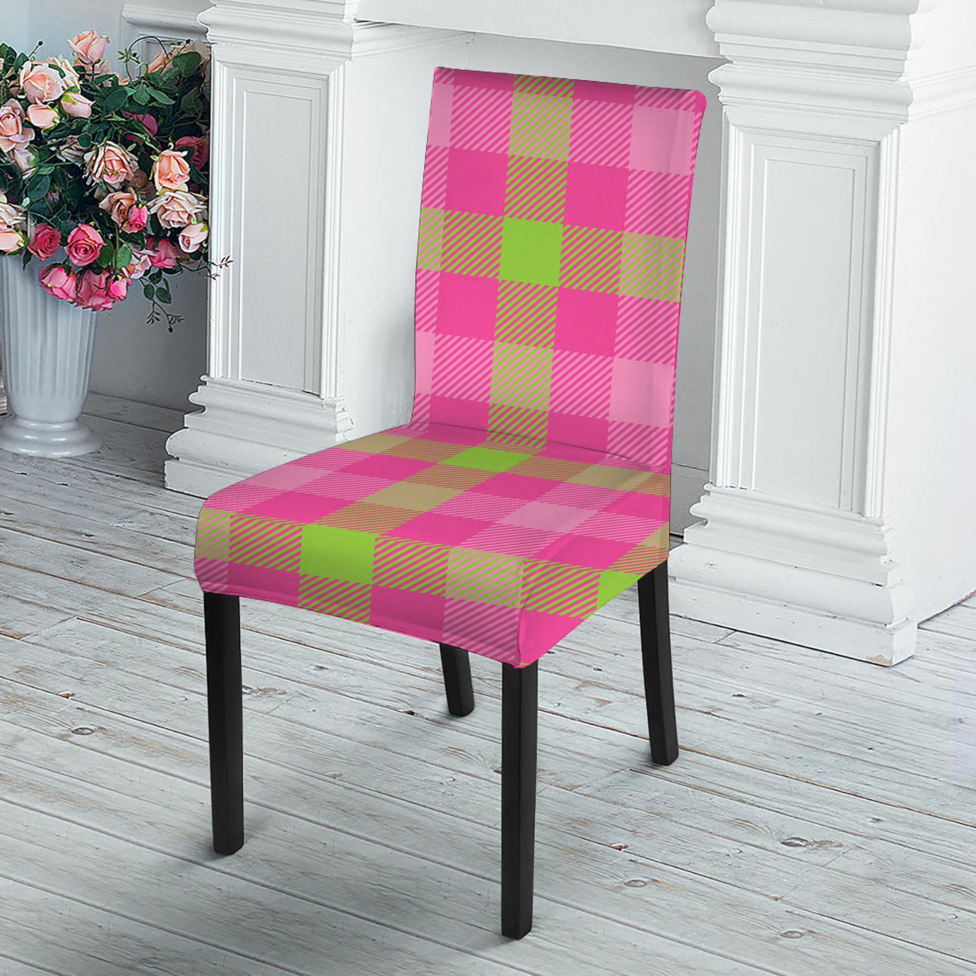 Green And Pink Buffalo Plaid Print Dining Chair Slipcover