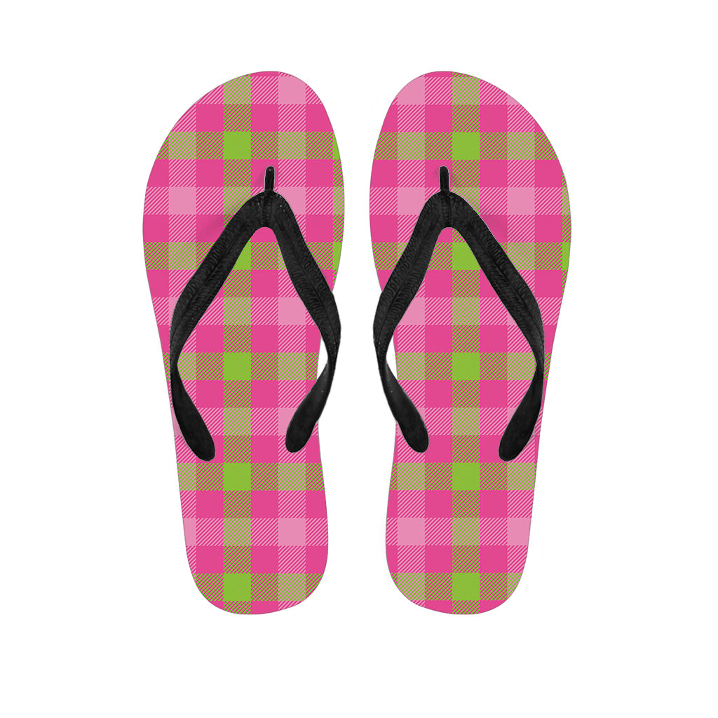 Green And Pink Buffalo Plaid Print Flip Flops