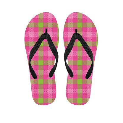 Green And Pink Buffalo Plaid Print Flip Flops