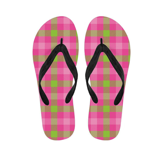 Green And Pink Buffalo Plaid Print Flip Flops
