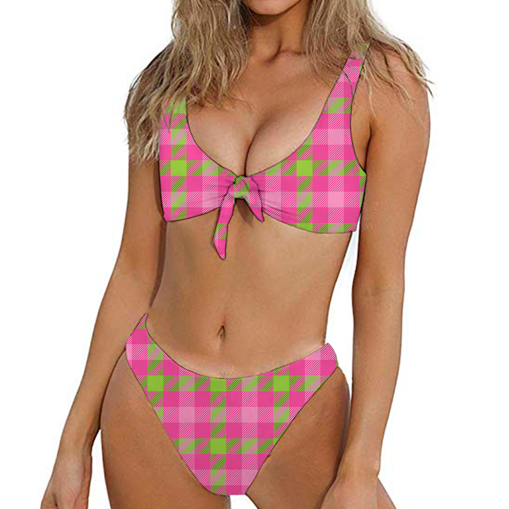 Green And Pink Buffalo Plaid Print Front Bow Tie Bikini