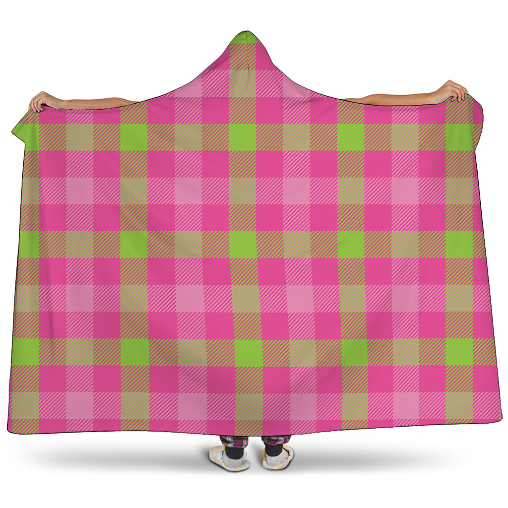 Green And Pink Buffalo Plaid Print Hooded Blanket