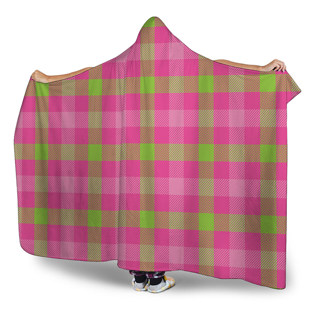 Green And Pink Buffalo Plaid Print Hooded Blanket