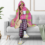 Green And Pink Buffalo Plaid Print Hooded Blanket