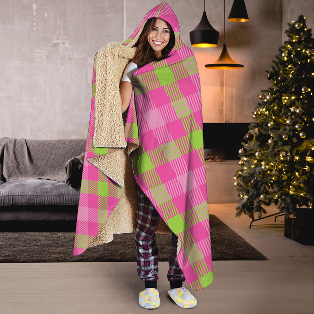 Green And Pink Buffalo Plaid Print Hooded Blanket