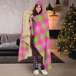 Green And Pink Buffalo Plaid Print Hooded Blanket