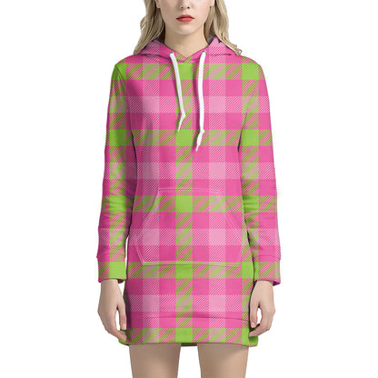 Green And Pink Buffalo Plaid Print Hoodie Dress