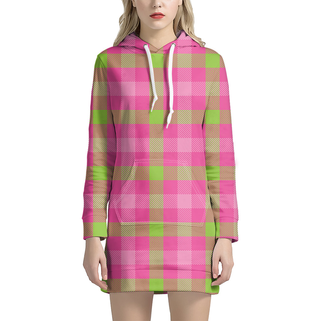 Green And Pink Buffalo Plaid Print Hoodie Dress