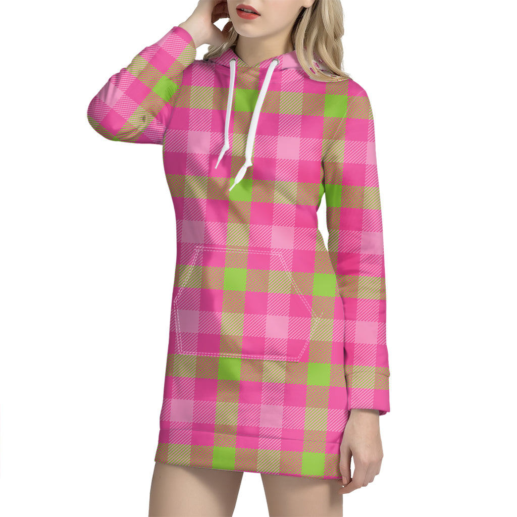 Green And Pink Buffalo Plaid Print Hoodie Dress