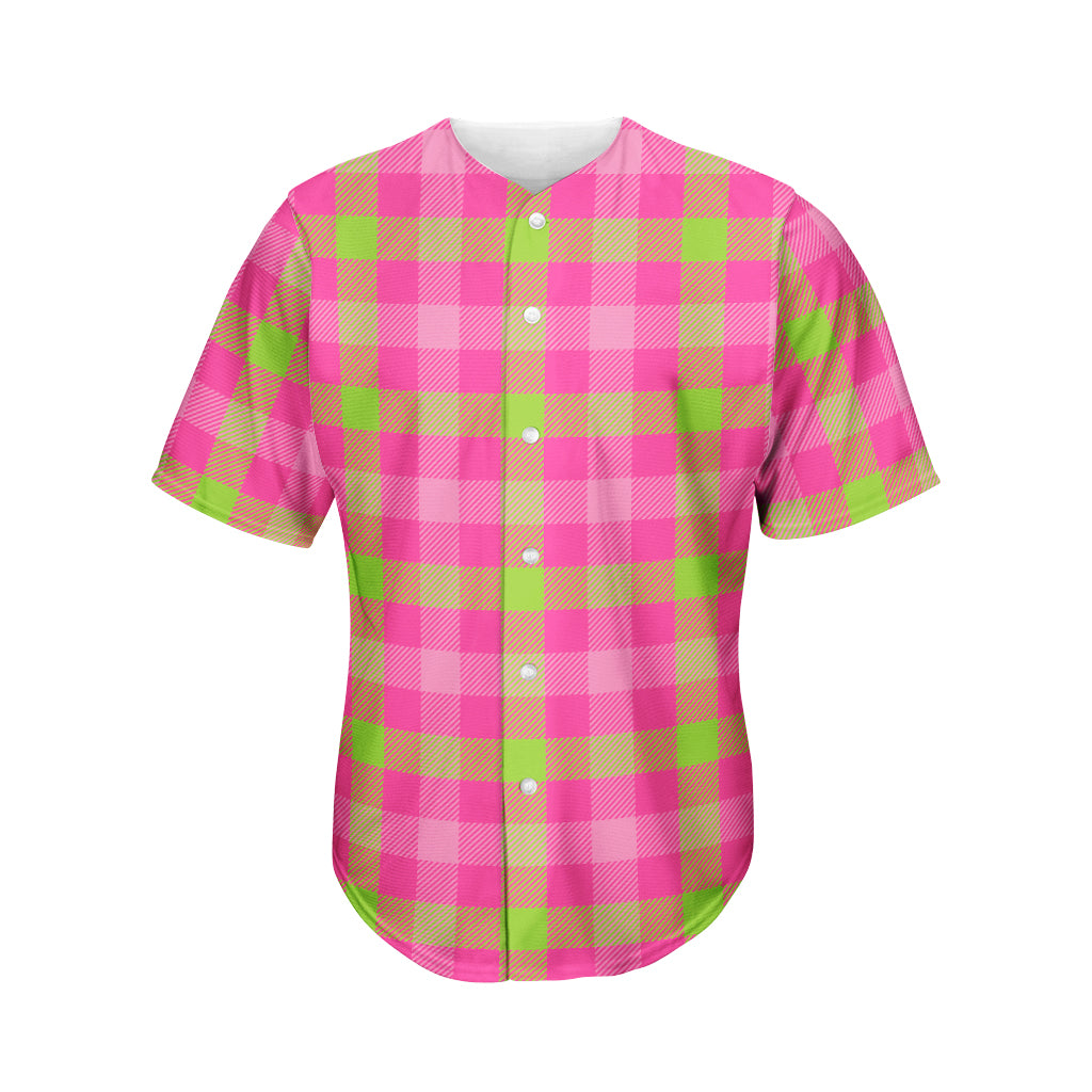 Green And Pink Buffalo Plaid Print Men's Baseball Jersey