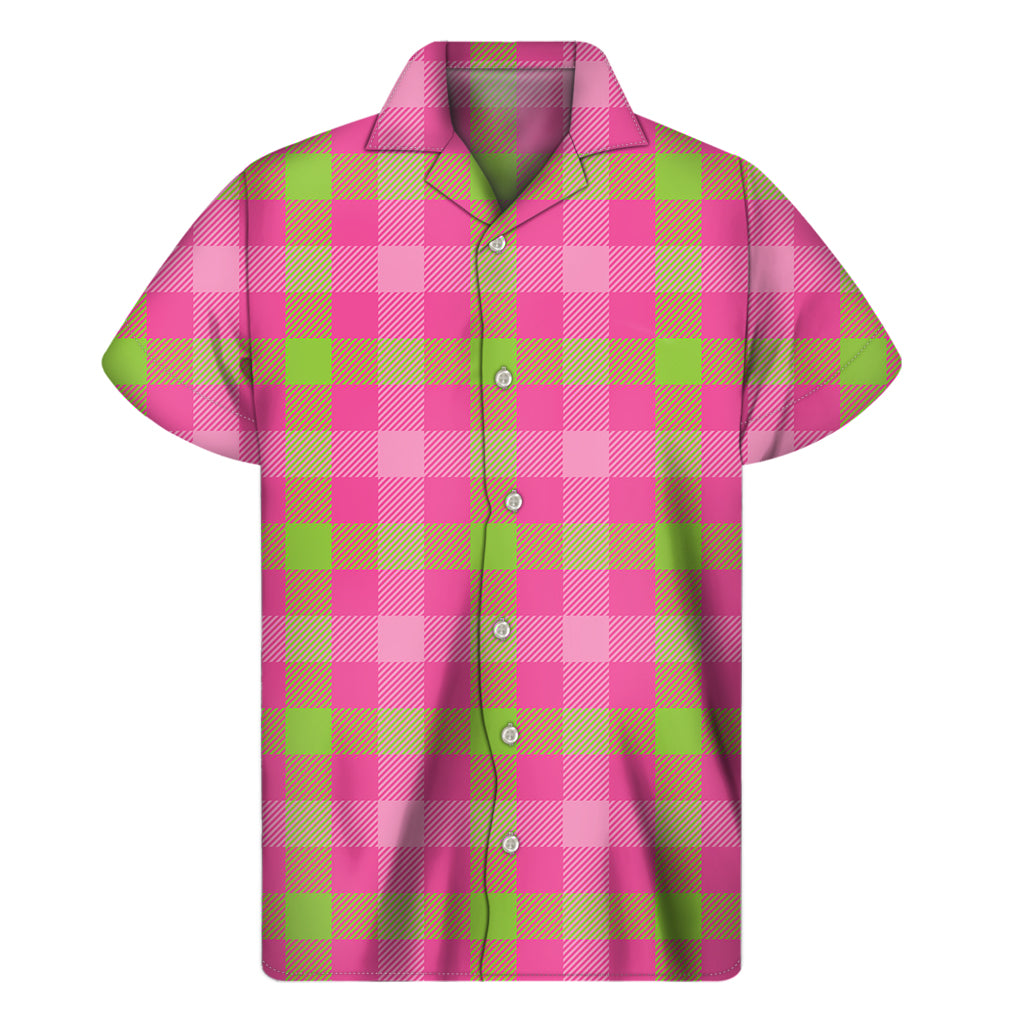 Green And Pink Buffalo Plaid Print Men's Short Sleeve Shirt