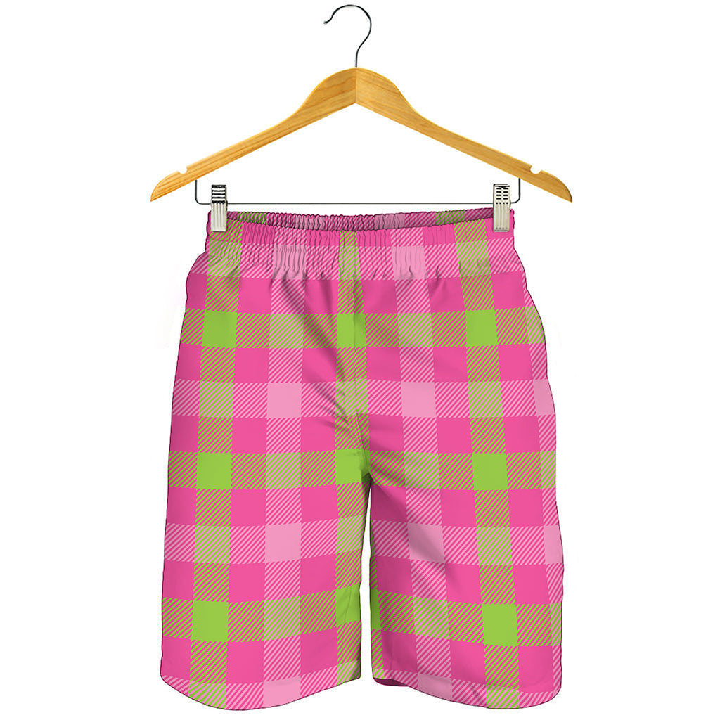 Green And Pink Buffalo Plaid Print Men's Shorts