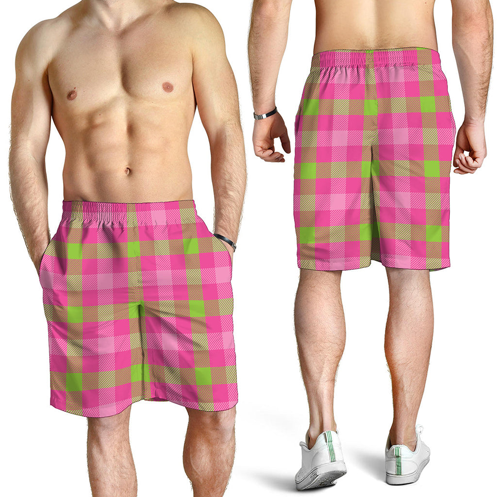 Green And Pink Buffalo Plaid Print Men's Shorts