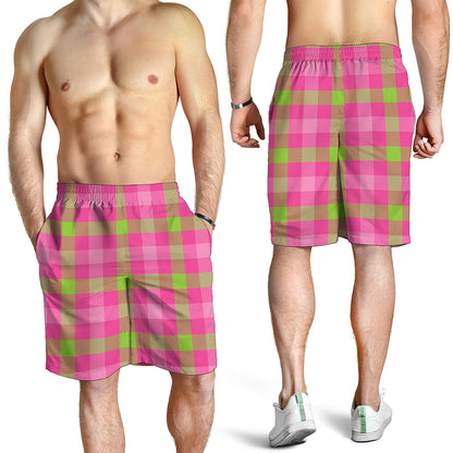 Green And Pink Buffalo Plaid Print Men's Shorts