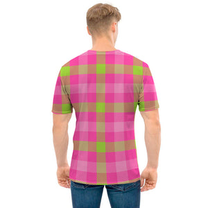 Green And Pink Buffalo Plaid Print Men's T-Shirt