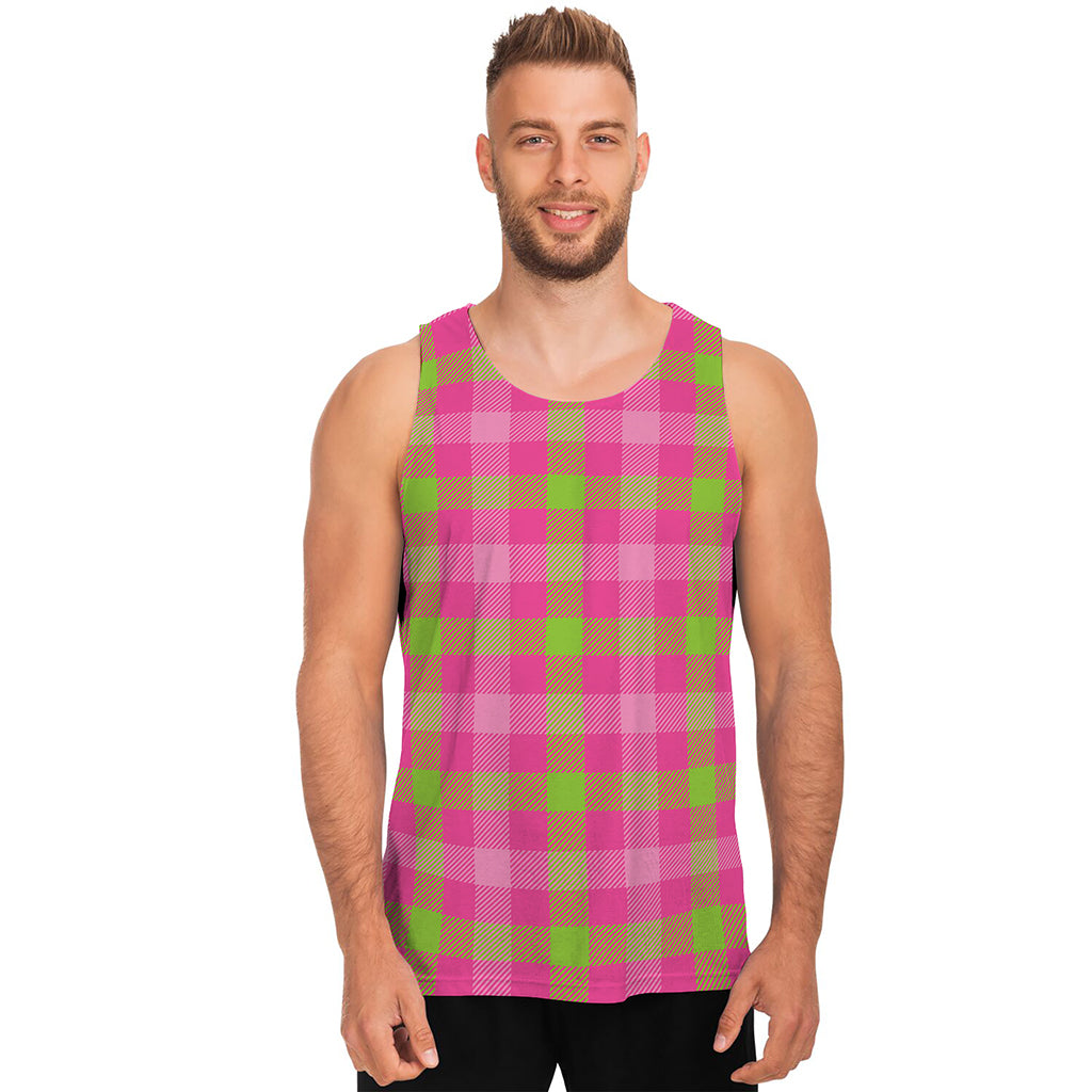 Green And Pink Buffalo Plaid Print Men's Tank Top