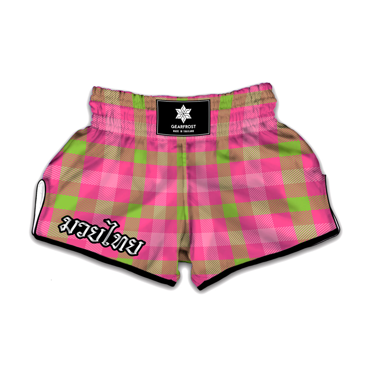 Green And Pink Buffalo Plaid Print Muay Thai Boxing Shorts