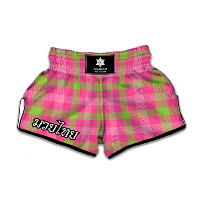 Green And Pink Buffalo Plaid Print Muay Thai Boxing Shorts