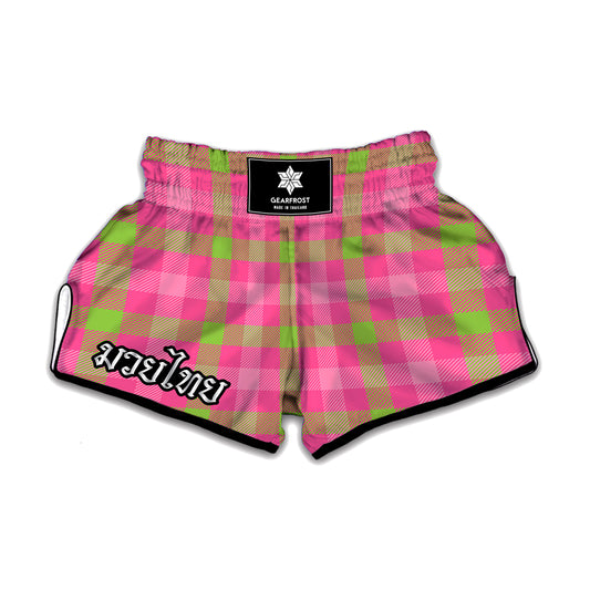 Green And Pink Buffalo Plaid Print Muay Thai Boxing Shorts