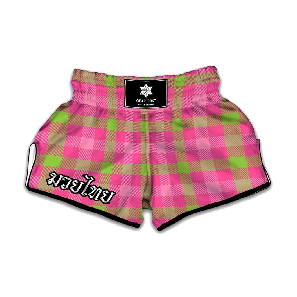 Green And Pink Buffalo Plaid Print Muay Thai Boxing Shorts