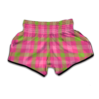 Green And Pink Buffalo Plaid Print Muay Thai Boxing Shorts