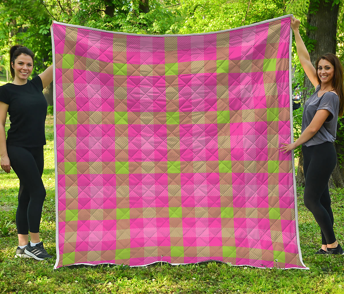 Green And Pink Buffalo Plaid Print Quilt