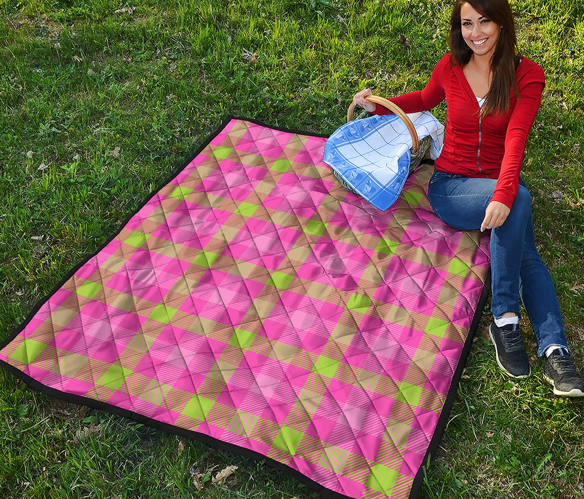 Green And Pink Buffalo Plaid Print Quilt