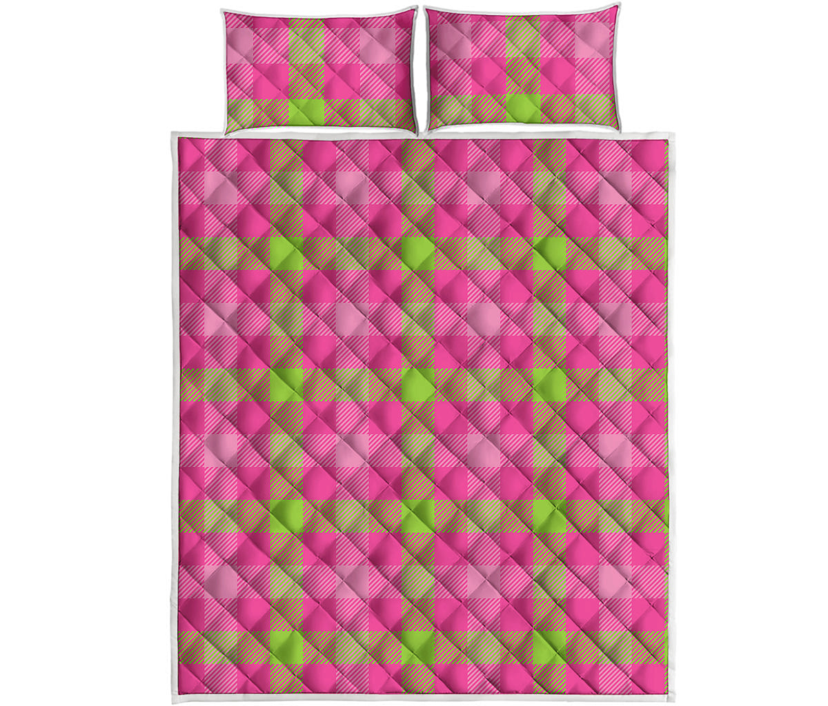 Green And Pink Buffalo Plaid Print Quilt Bed Set