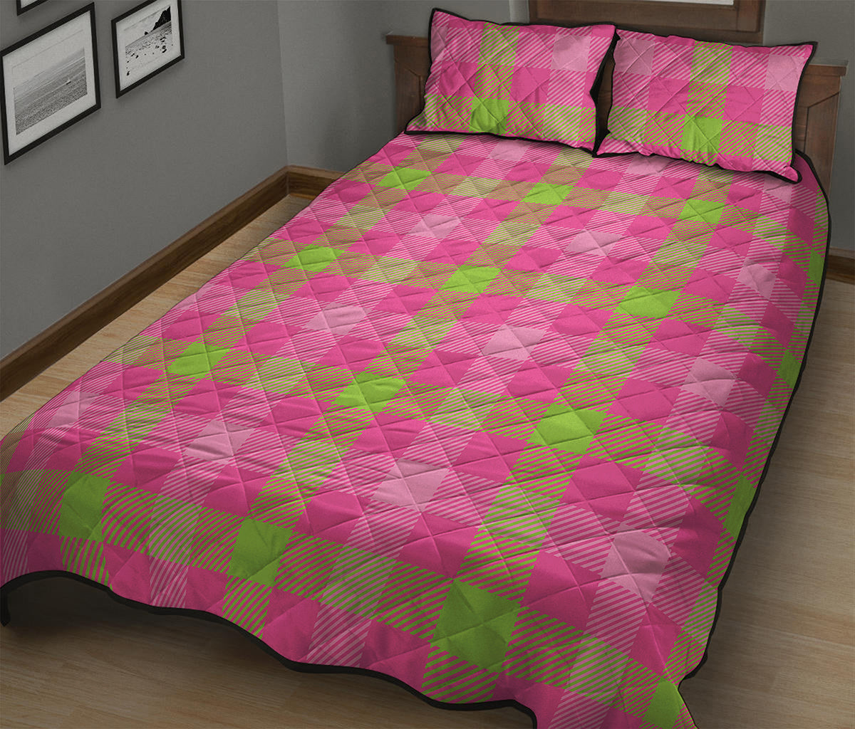 Green And Pink Buffalo Plaid Print Quilt Bed Set