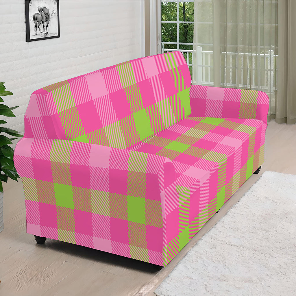 Green And Pink Buffalo Plaid Print Sofa Cover
